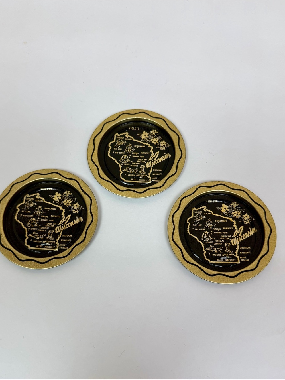 Set of 3 Vintage Wisconsin Decorative Coasters in Black and Gold